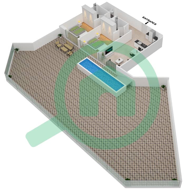 المخططات الطابقية لتصميم الوحدة 117 FLOOR 1 شقة 2 غرفة نوم - سمانا بارك فيوز Floor 1 interactive3D