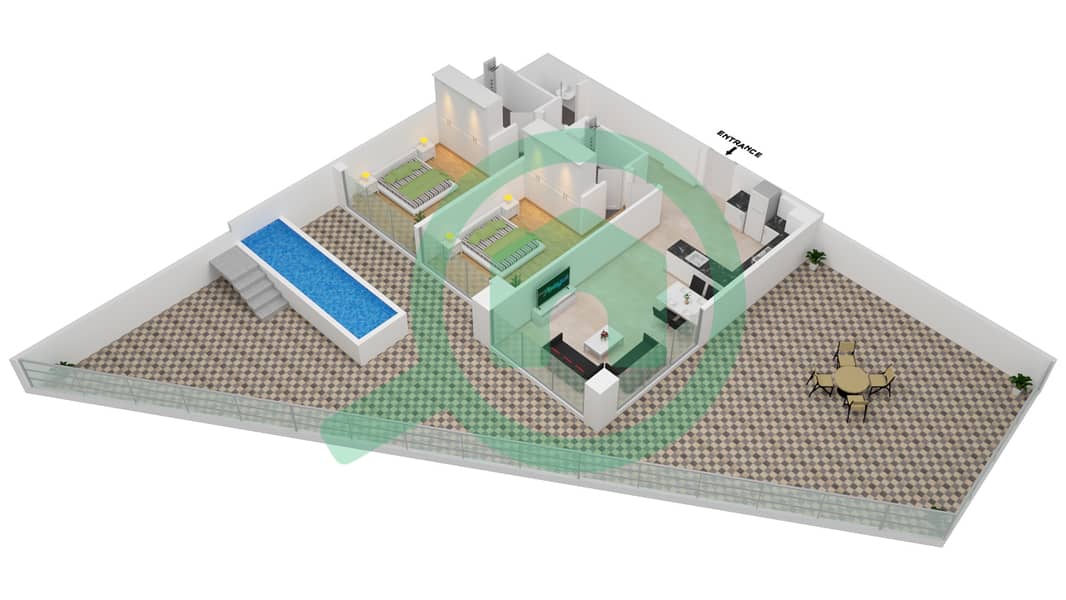 المخططات الطابقية لتصميم الوحدة 119 FLOOR 1 شقة 2 غرفة نوم - سمانا بارك فيوز Floor 1 interactive3D