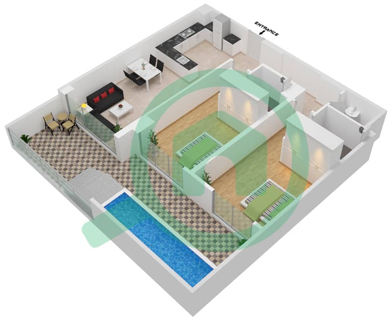 المخططات الطابقية لتصميم الوحدة 120 FLOOR 1 شقة 2 غرفة نوم - سمانا بارك فيوز Floor 1 interactive3D