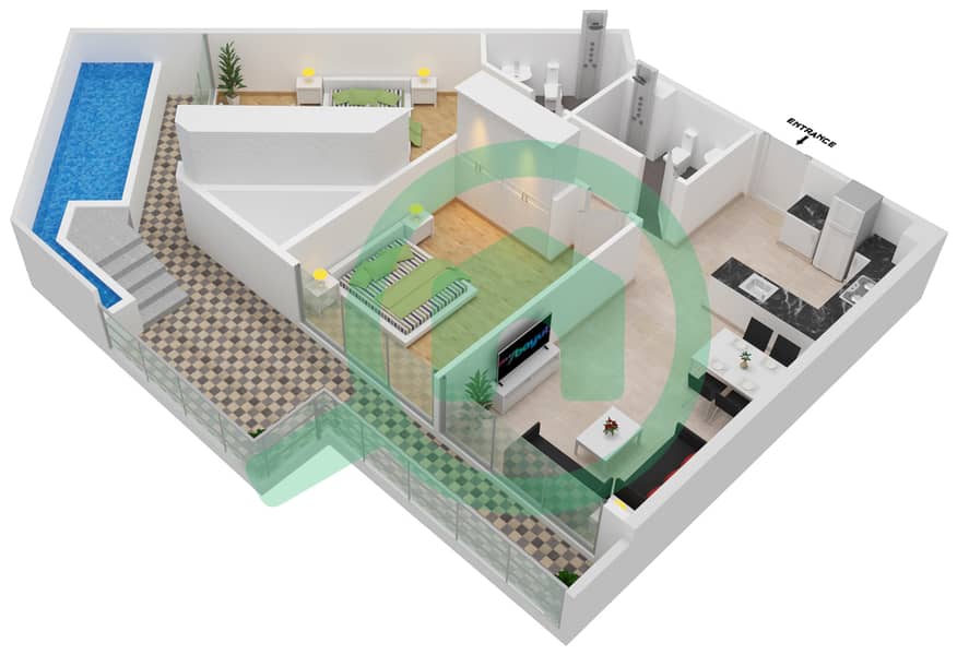 المخططات الطابقية لتصميم الوحدة 214 FLOOR 2 شقة 2 غرفة نوم - سمانا بارك فيوز Floor 2 interactive3D