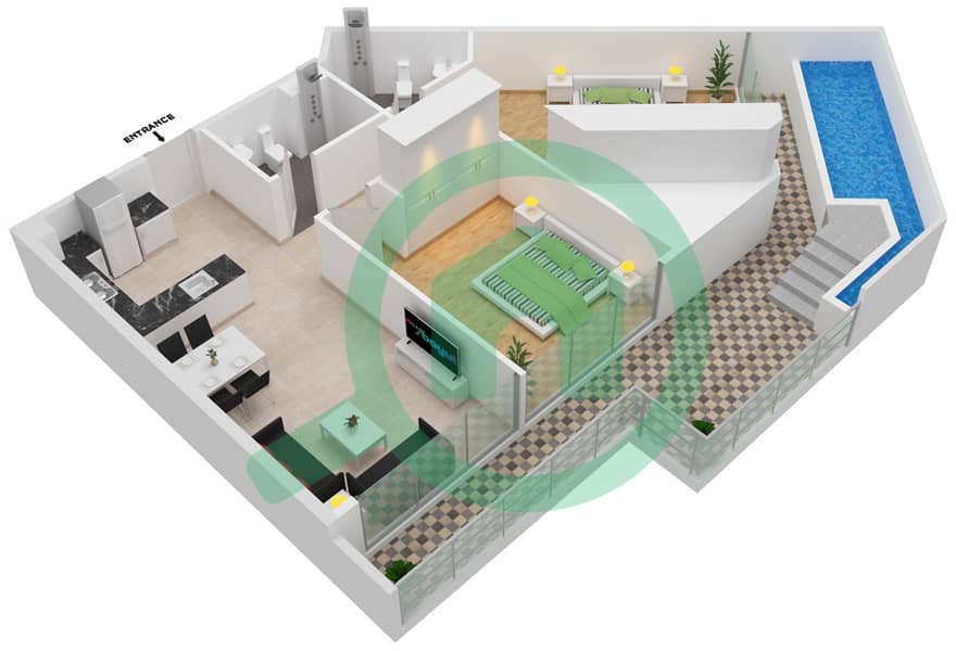 المخططات الطابقية لتصميم الوحدة 223 FLOOR 2 شقة 2 غرفة نوم - سمانا بارك فيوز Floor 2 interactive3D