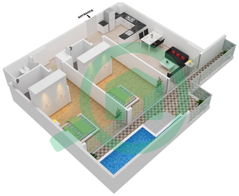 المخططات الطابقية لتصميم الوحدة 224 FLOOR 2 شقة 2 غرفة نوم - سمانا بارك فيوز Floor 2 interactive3D