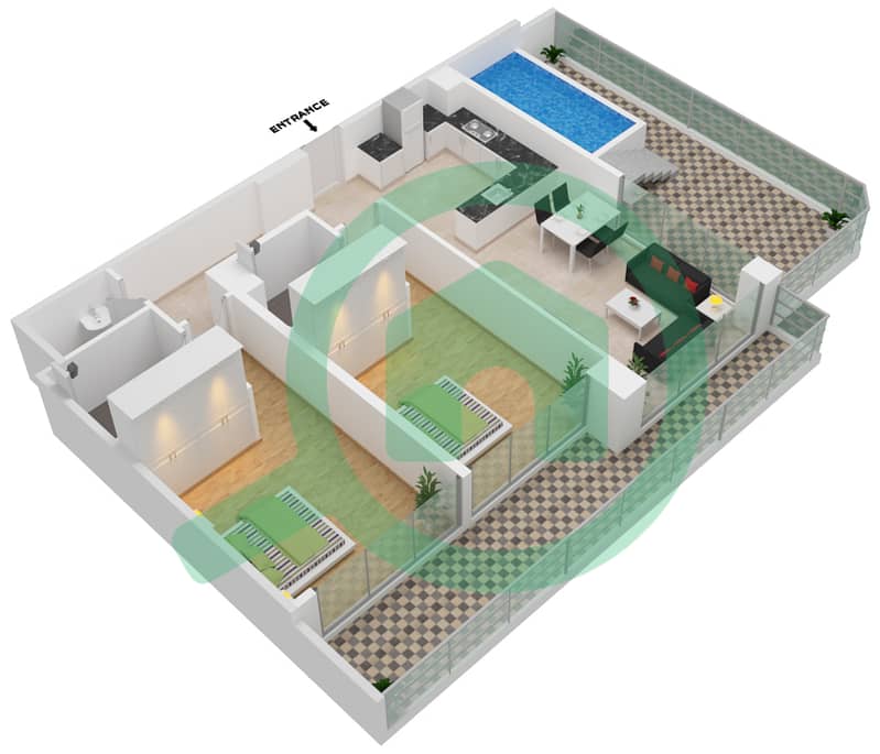 المخططات الطابقية لتصميم الوحدة 226 FLOOR 2 شقة 2 غرفة نوم - سمانا بارك فيوز Floor 2 interactive3D