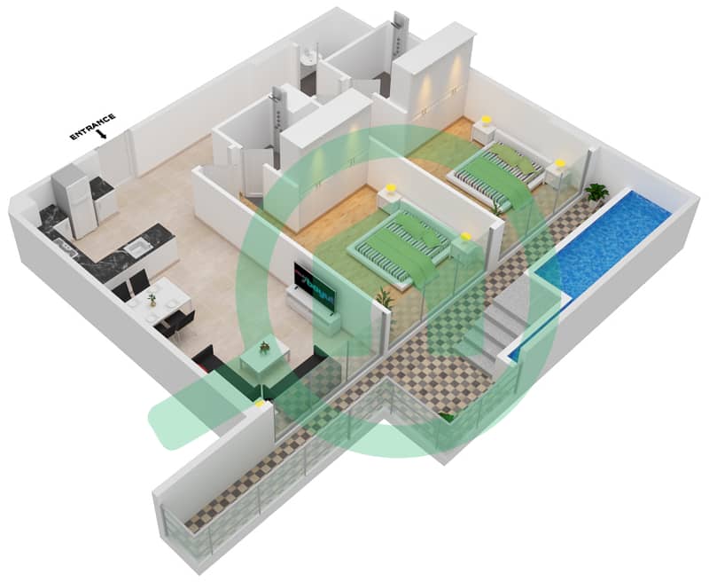 المخططات الطابقية لتصميم الوحدة 411,611 FLOOR 4,6 شقة 2 غرفة نوم - سمانا بارك فيوز Floor 4,6 interactive3D