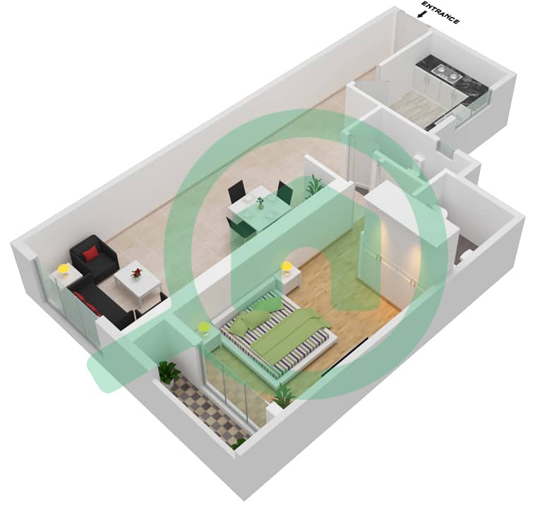 المخططات الطابقية لتصميم النموذج B1 شقة 1 غرفة نوم - أبراج الفرقان التوأم interactive3D