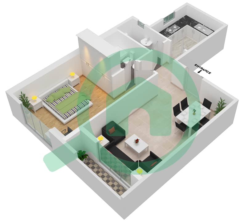 Al Furqan Twin Tower - 1 Bedroom Apartment Type B Floor plan interactive3D