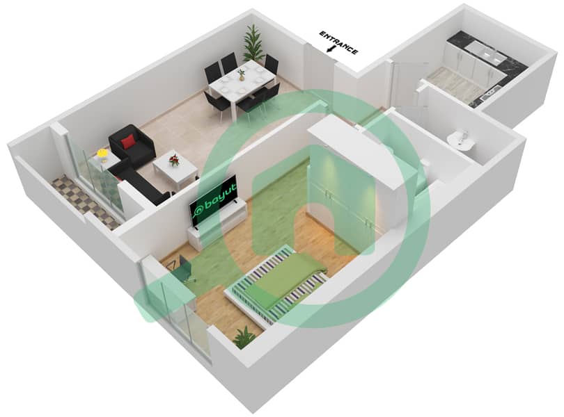 المخططات الطابقية لتصميم النموذج B5 شقة 1 غرفة نوم - أبراج الفرقان التوأم interactive3D