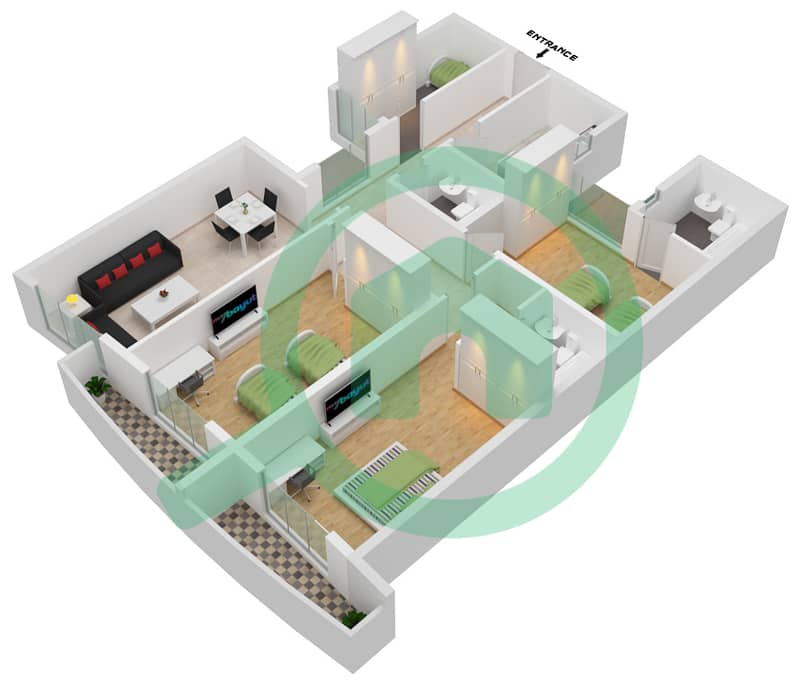 المخططات الطابقية لتصميم النموذج A شقة 3 غرف نوم - أبراج الفرقان التوأم interactive3D