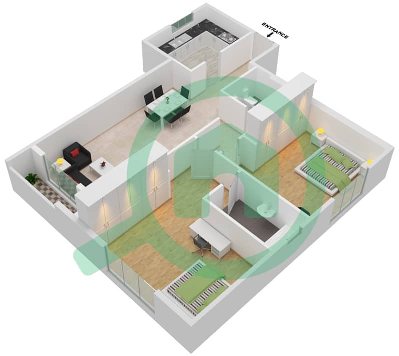المخططات الطابقية لتصميم النموذج A-1 شقة 2 غرفة نوم - أبراج الفرقان التوأم interactive3D