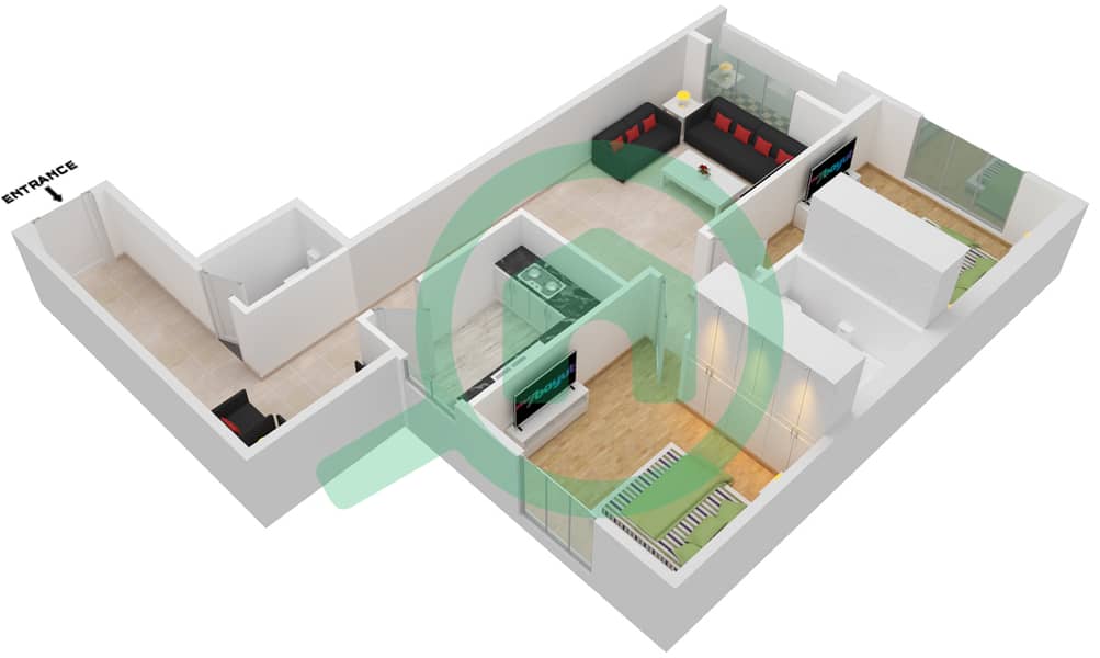 المخططات الطابقية لتصميم النموذج A2 شقة 2 غرفة نوم - أبراج الفرقان التوأم interactive3D