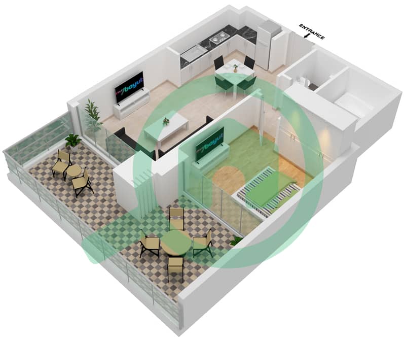 المخططات الطابقية لتصميم النموذج F-1 شقة 1 غرفة نوم - شيماء افينيو ريزيدنس interactive3D