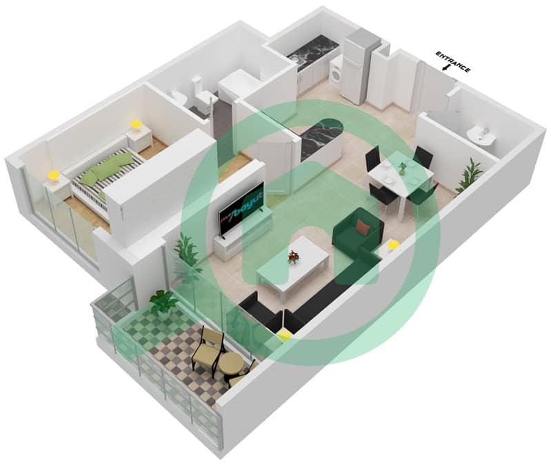 المخططات الطابقية لتصميم النموذج G شقة 1 غرفة نوم - شيماء افينيو ريزيدنس interactive3D