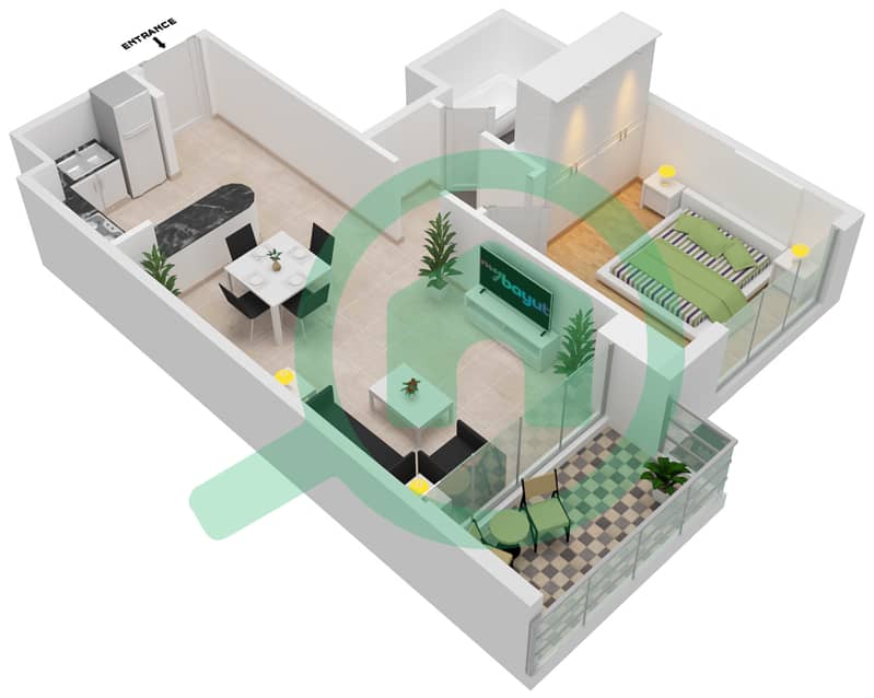 المخططات الطابقية لتصميم النموذج J شقة 1 غرفة نوم - شيماء افينيو ريزيدنس interactive3D