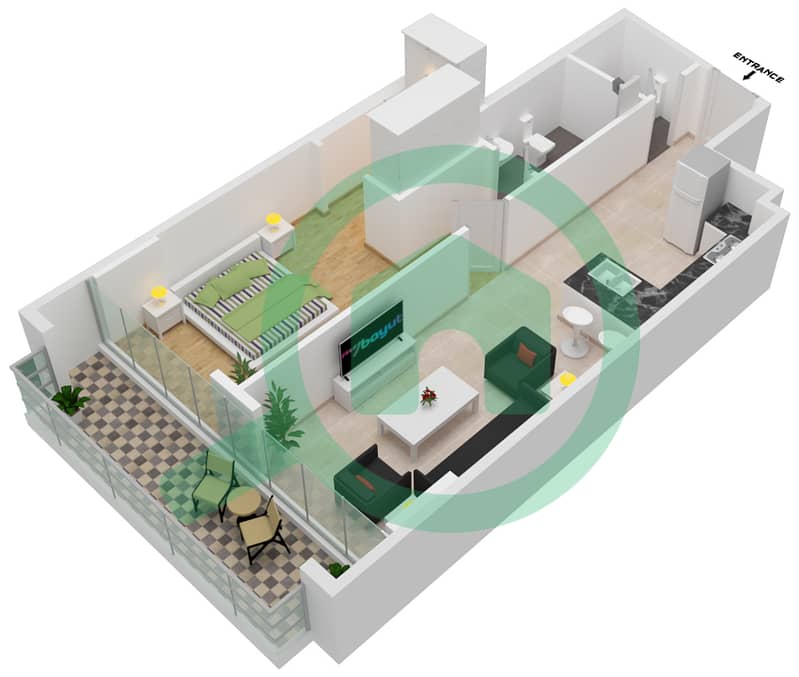 المخططات الطابقية لتصميم النموذج L شقة 1 غرفة نوم - شيماء افينيو ريزيدنس interactive3D