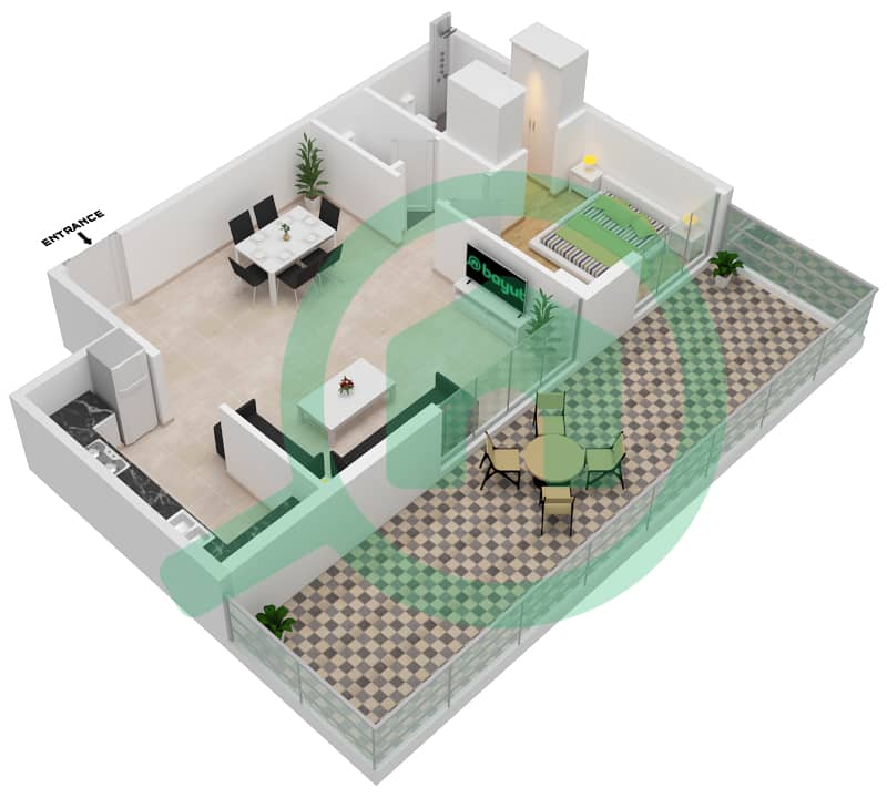 المخططات الطابقية لتصميم النموذج N شقة 1 غرفة نوم - شيماء افينيو ريزيدنس interactive3D