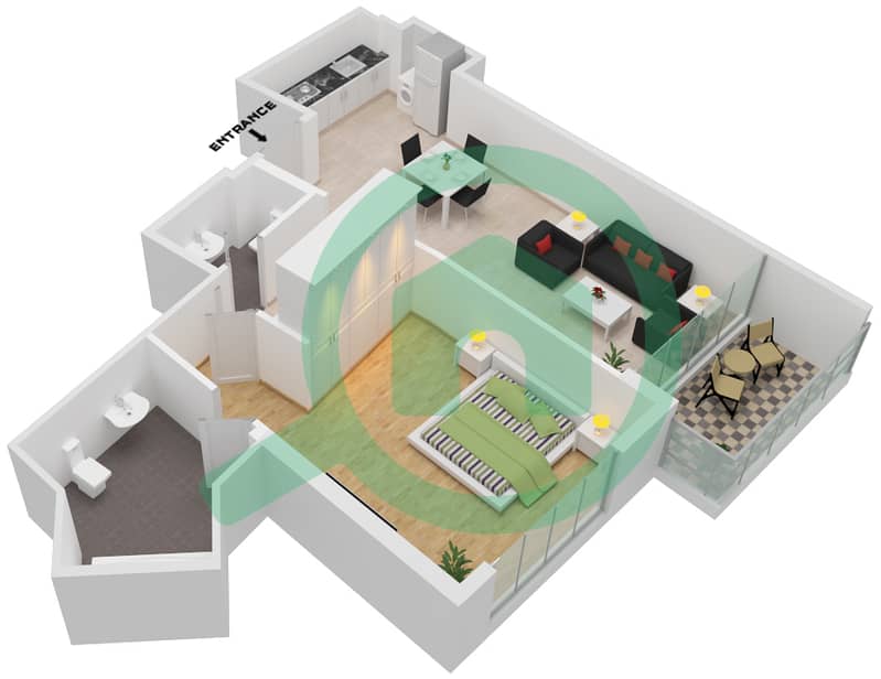 المخططات الطابقية لتصميم النموذج O شقة 1 غرفة نوم - شيماء افينيو ريزيدنس interactive3D