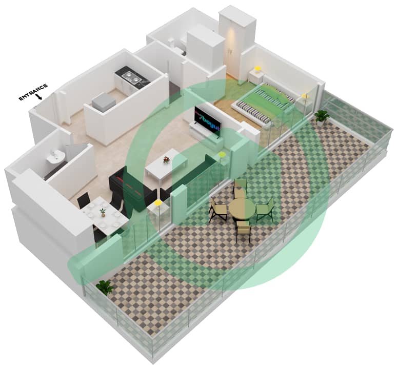 المخططات الطابقية لتصميم النموذج P شقة 1 غرفة نوم - شيماء افينيو ريزيدنس interactive3D