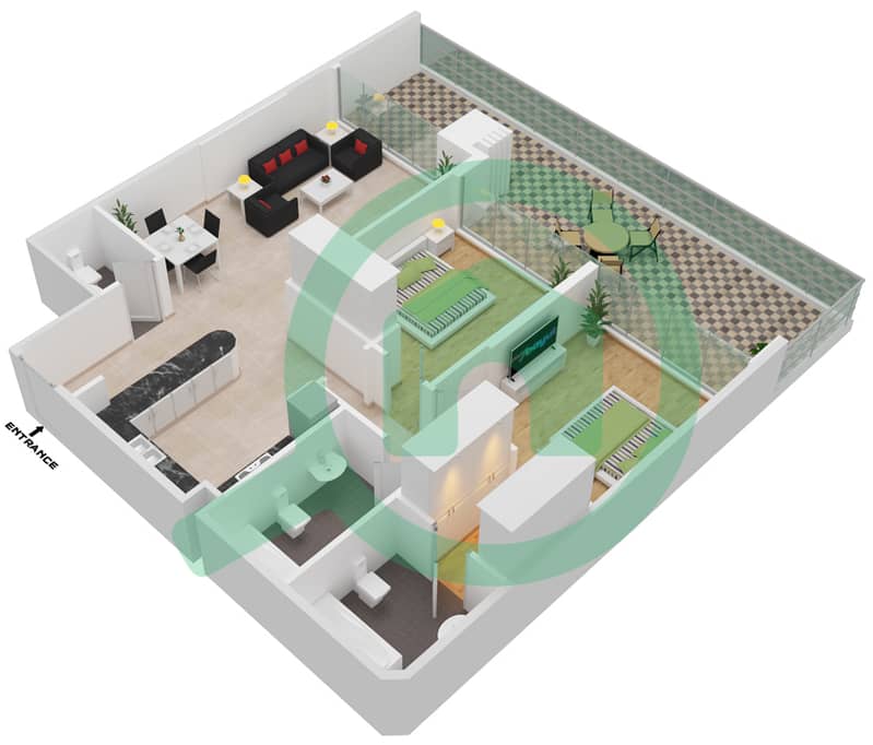 المخططات الطابقية لتصميم النموذج Q شقة 2 غرفة نوم - شيماء افينيو ريزيدنس interactive3D
