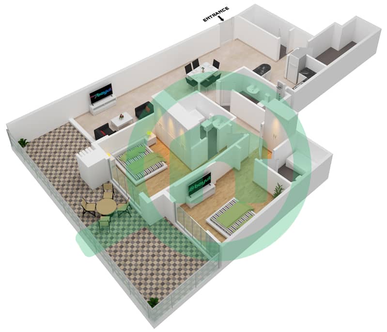 المخططات الطابقية لتصميم النموذج R شقة 2 غرفة نوم - شيماء افينيو ريزيدنس interactive3D