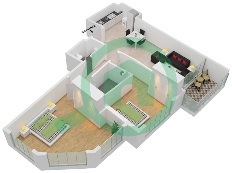 المخططات الطابقية لتصميم النموذج S شقة 2 غرفة نوم - شيماء افينيو ريزيدنس interactive3D