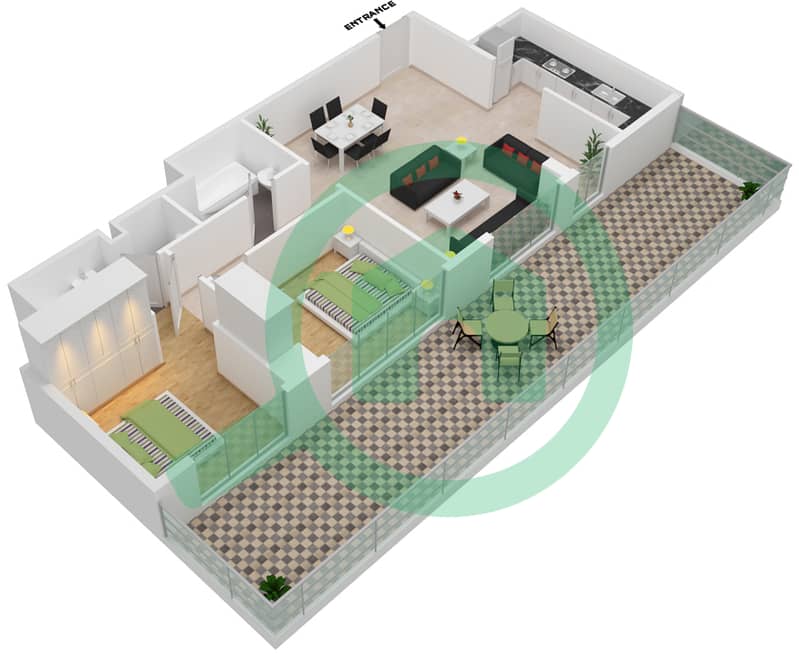 المخططات الطابقية لتصميم النموذج T شقة 2 غرفة نوم - شيماء افينيو ريزيدنس interactive3D