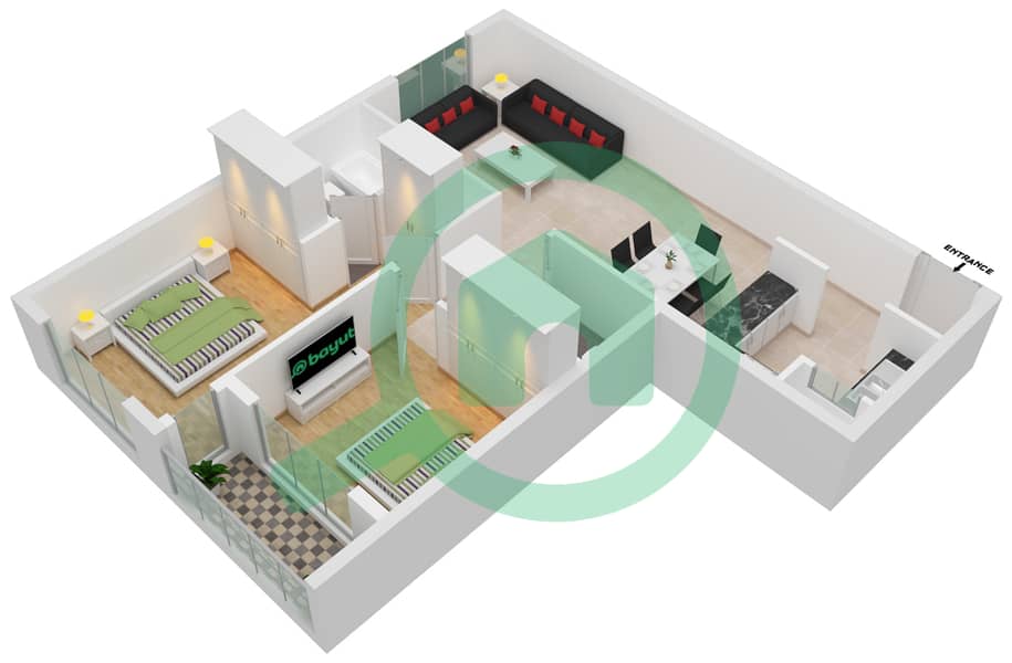 المخططات الطابقية لتصميم النموذج / الوحدة A-1 شقة 2 غرفة نوم - مرتفعات جولدكريست للأعمال interactive3D