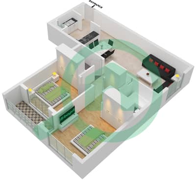 المخططات الطابقية لتصميم النموذج / الوحدة A-13 شقة 2 غرفة نوم - مرتفعات جولدكريست للأعمال