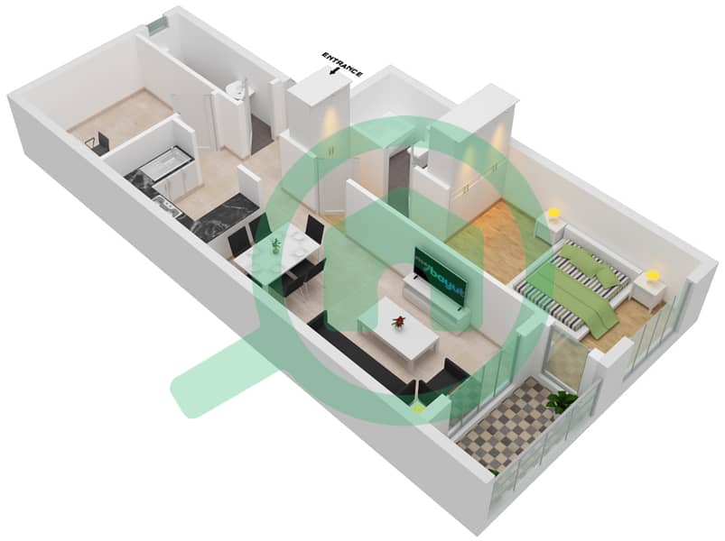 المخططات الطابقية لتصميم النموذج / الوحدة D-2 شقة 1 غرفة نوم - مرتفعات جولدكريست للأعمال interactive3D