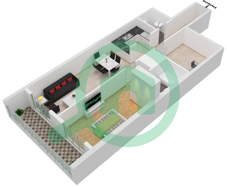 المخططات الطابقية لتصميم النموذج / الوحدة E-3 شقة 1 غرفة نوم - مرتفعات جولدكريست للأعمال interactive3D