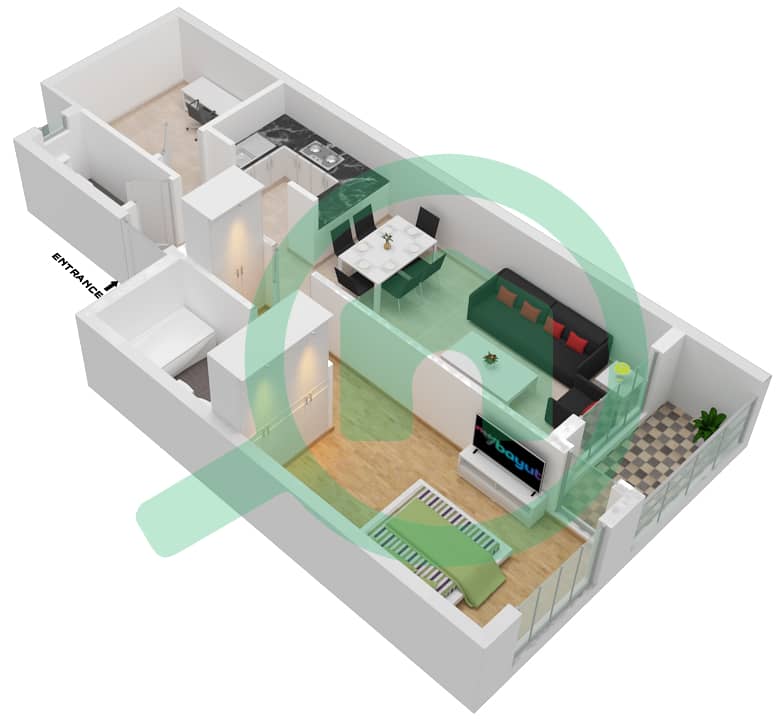 المخططات الطابقية لتصميم النموذج / الوحدة D-4 شقة 1 غرفة نوم - مرتفعات جولدكريست للأعمال interactive3D