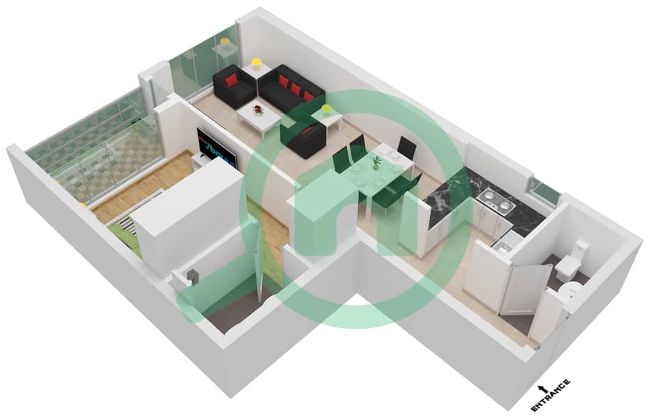 المخططات الطابقية لتصميم النموذج / الوحدة B-6 شقة 1 غرفة نوم - مرتفعات جولدكريست للأعمال interactive3D