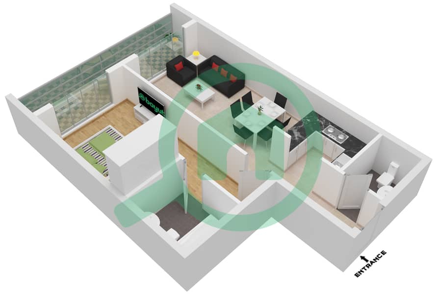 金冠商务大厦 - 1 卧室公寓类型／单位C-7戶型图 interactive3D