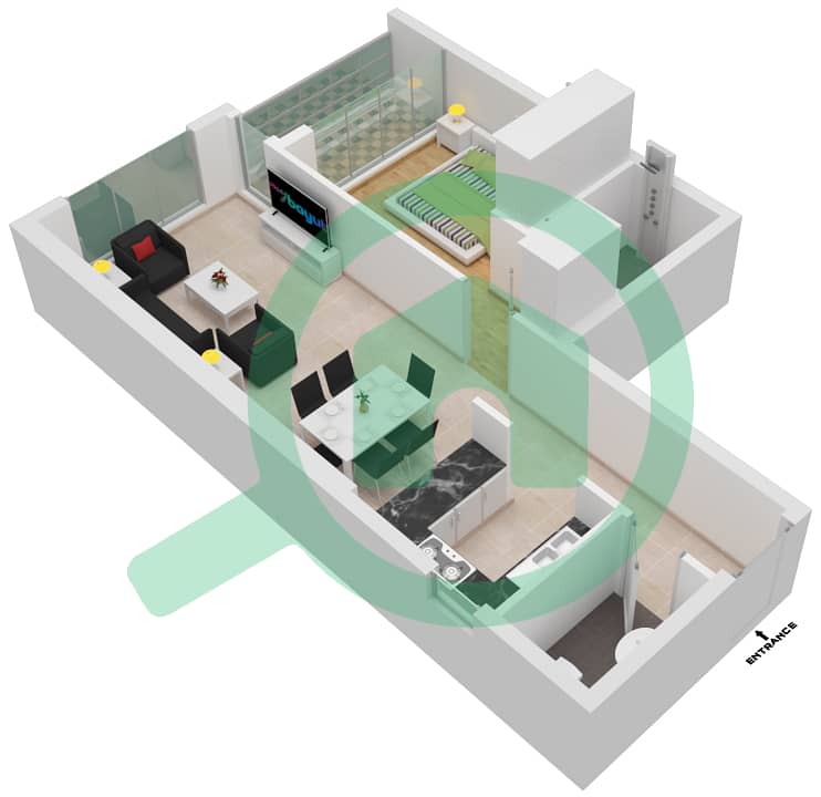 المخططات الطابقية لتصميم النموذج / الوحدة B-8 شقة 1 غرفة نوم - مرتفعات جولدكريست للأعمال interactive3D
