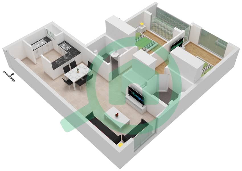 المخططات الطابقية لتصميم النموذج / الوحدة A-9 شقة 2 غرفة نوم - مرتفعات جولدكريست للأعمال interactive3D