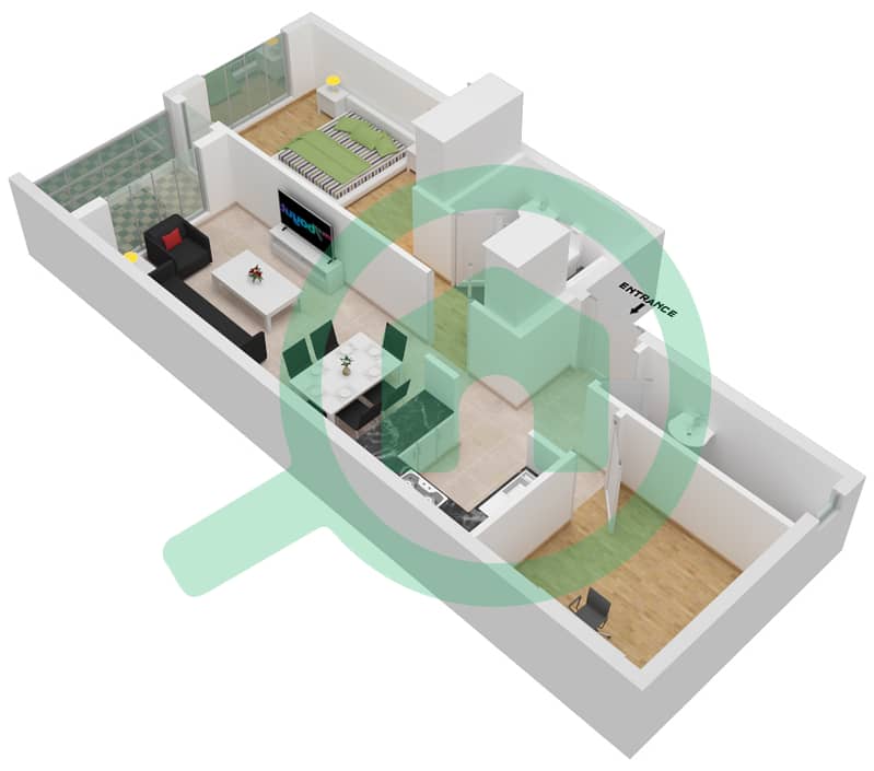 金冠商务大厦 - 1 卧室公寓类型／单位D-12戶型图 interactive3D