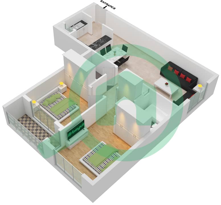 المخططات الطابقية لتصميم النموذج / الوحدة A-13 شقة 2 غرفة نوم - مرتفعات جولدكريست للأعمال interactive3D