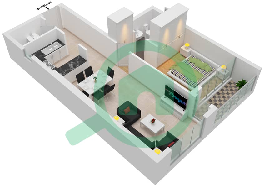 المخططات الطابقية لتصميم النموذج / الوحدة B-14 شقة 1 غرفة نوم - مرتفعات جولدكريست للأعمال interactive3D
