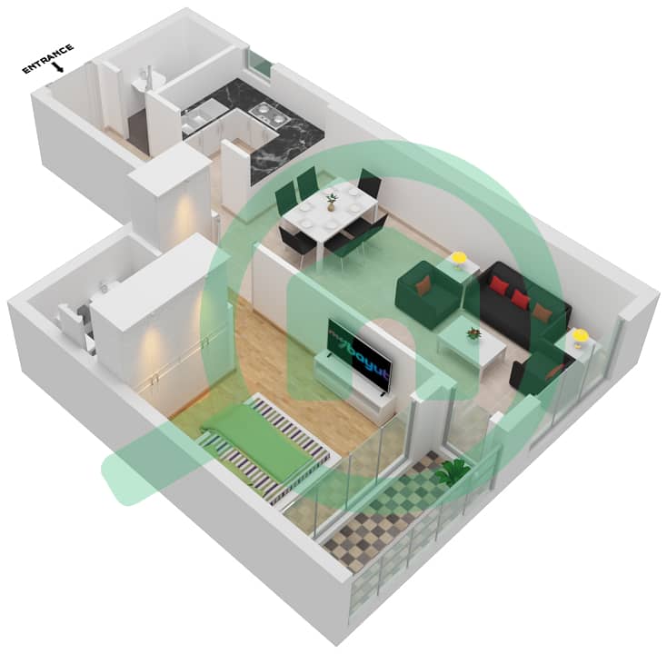 المخططات الطابقية لتصميم النموذج / الوحدة B-16 شقة 1 غرفة نوم - مرتفعات جولدكريست للأعمال interactive3D