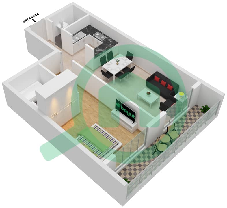 金冠商务大厦 - 1 卧室公寓类型／单位C-15戶型图 interactive3D