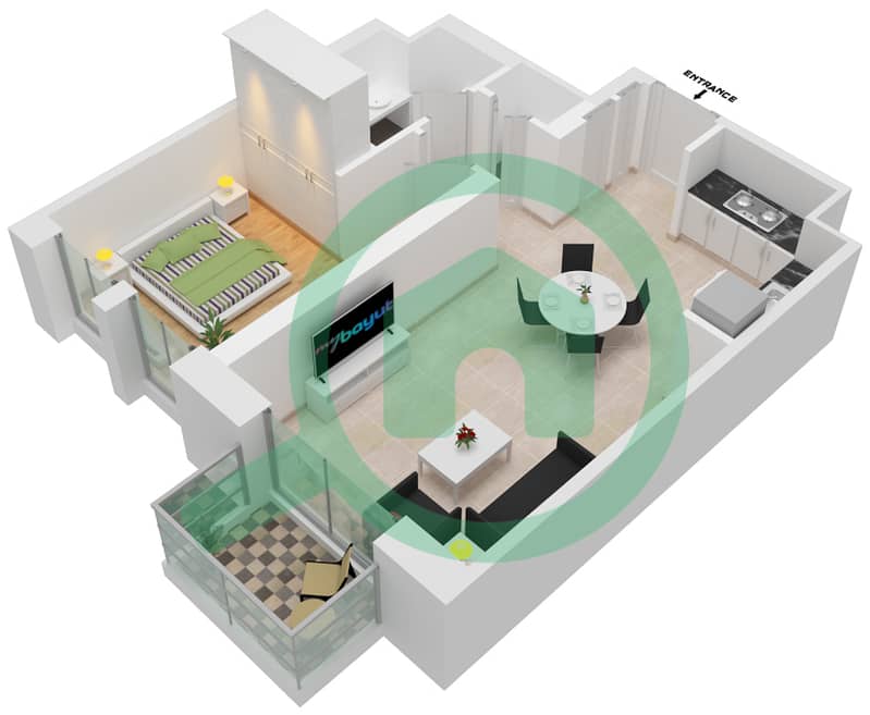 المخططات الطابقية لتصميم الوحدة 4-LEVEL-1 شقة 1 غرفة نوم - كريك كريسنت Level-1 interactive3D