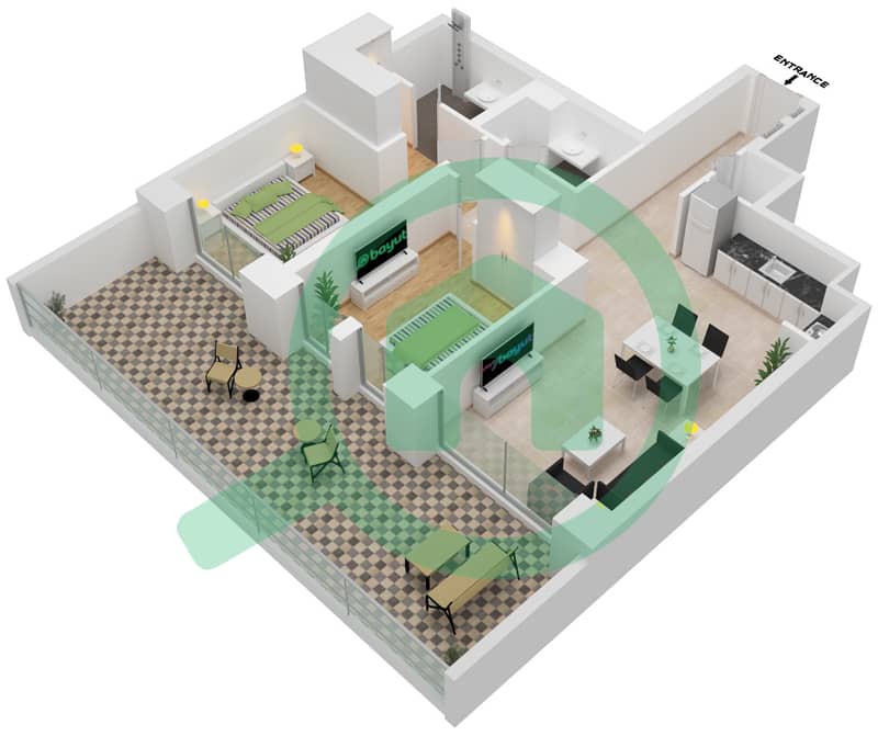 المخططات الطابقية لتصميم الوحدة 1-LEVEL B2 شقة 2 غرفة نوم - كريك كريسنت Level B2 interactive3D