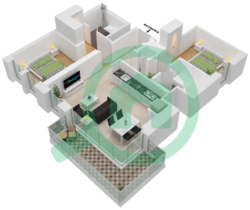 المخططات الطابقية لتصميم الوحدة 3-LEVEL 1 شقة 2 غرفة نوم - كريك كريسنت Level 1 interactive3D