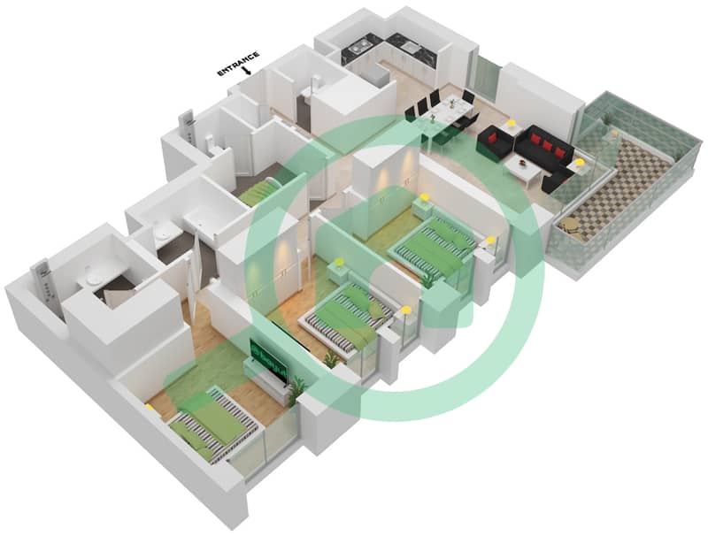 المخططات الطابقية لتصميم الوحدة 6-LEVEL 1 شقة 3 غرف نوم - كريك كريسنت Level 1 interactive3D
