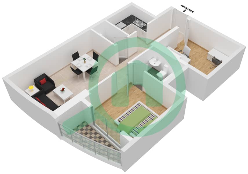 المخططات الطابقية لتصميم النموذج B شقة 1 غرفة نوم - برج كريمسون كورت interactive3D
