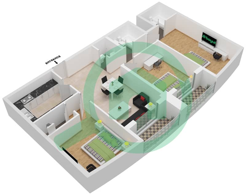 绯红阁大厦 - 3 卧室公寓类型B戶型图 interactive3D