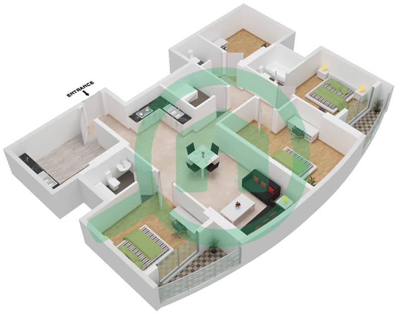 Кримсон Корт Тауэр - Апартамент 3 Cпальни планировка Тип A interactive3D