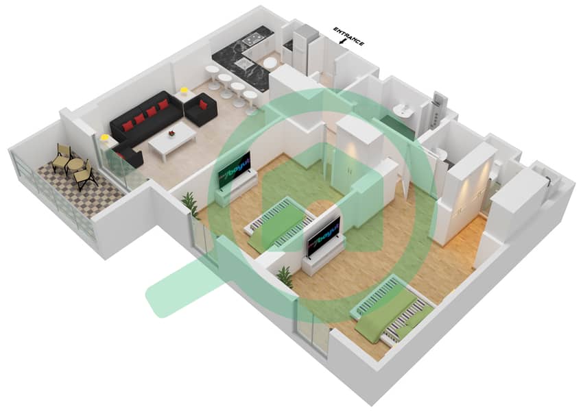 المخططات الطابقية لتصميم النموذج A شقة 2 غرفة نوم - ذا تيراسز interactive3D