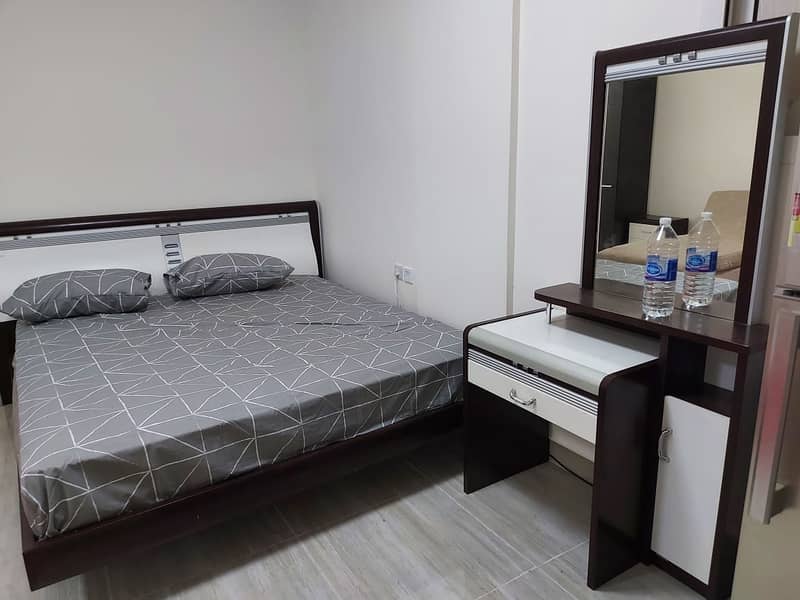 For monthly rent in Ajman, a furnished studio in the Corniche area, next to the ship's roundabout
