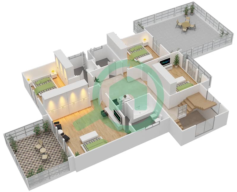 المخططات الطابقية لتصميم النموذج A فیلا 4 غرف نوم - الحي 9 First Floor interactive3D