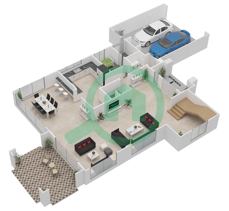 المخططات الطابقية لتصميم النموذج A فیلا 4 غرف نوم - الحي 9 Ground Floor interactive3D